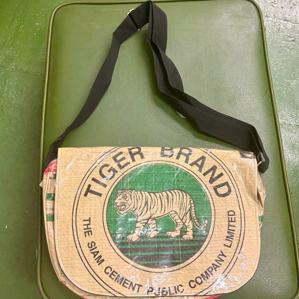 Angkor Recycled Crossbody Messenger Bag.  Tiger design.  Handmade in Cambodia.